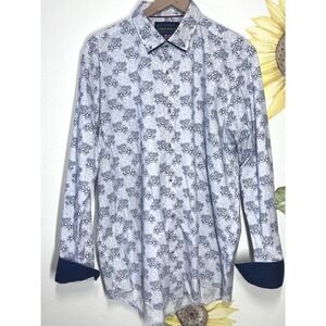 Guide London Mens XL Blue Floral Damask‎ Stretch Long Sleeve Button Down Shirt